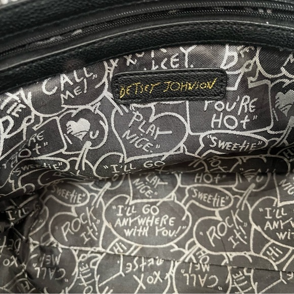 Betsey Johnson Black Quilted Rose Shoulder Tote Bag Black White Pink Bow Large - Picture 6 of 13